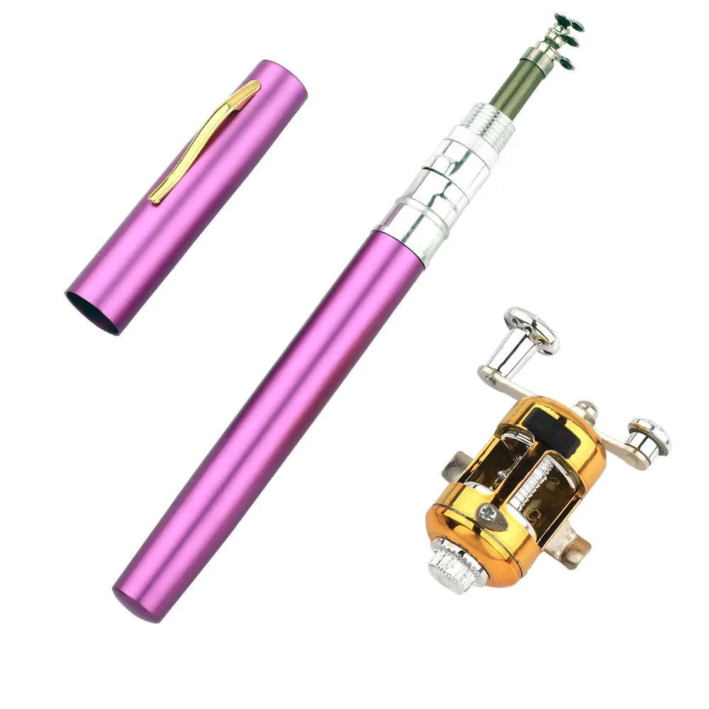Gold telescopic fishing rod extended from aluminium pen case with ST5RL drum attached