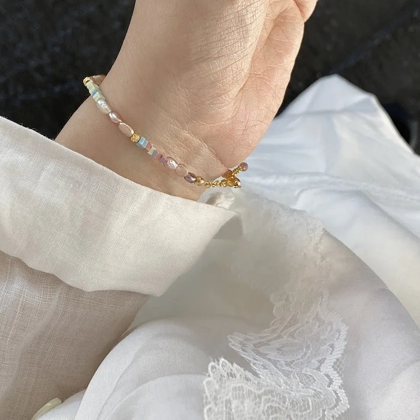 Women's purple pearl bracelet and necklace set with 14K gilded silver settings