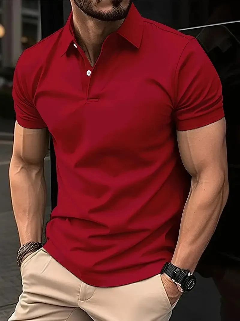 Men's solid colour slim fit short sleeve casual shirt with button front on a hanger.