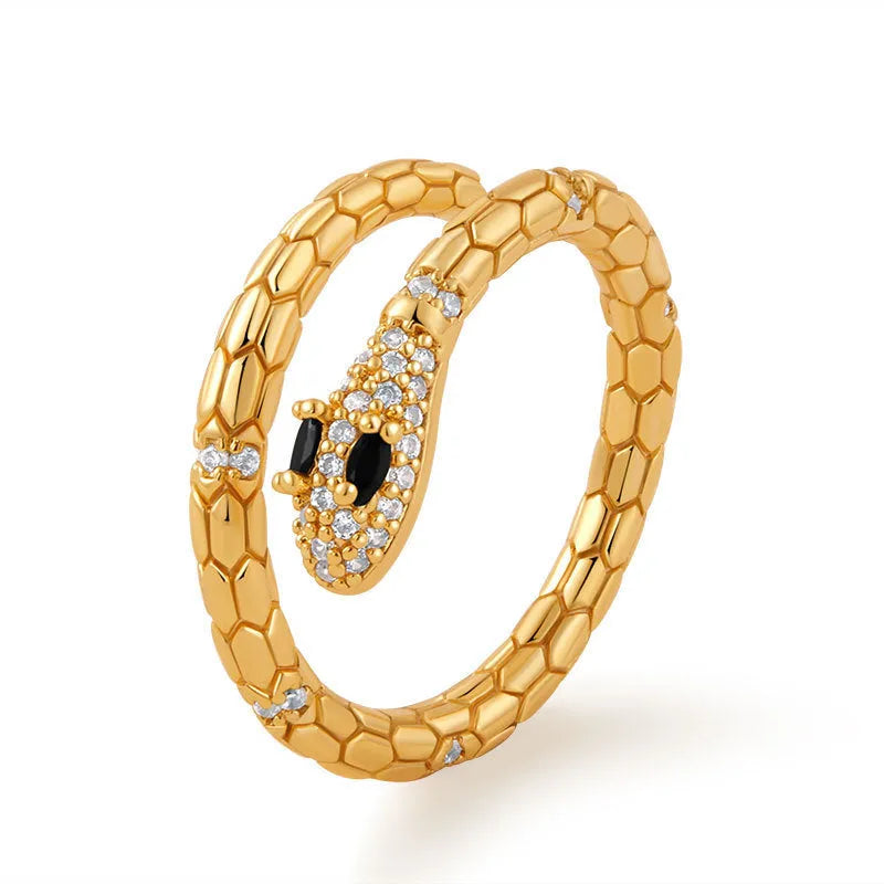 Snake-shaped adjustable copper ring with 18K gold colour finish and detailed animal modelling