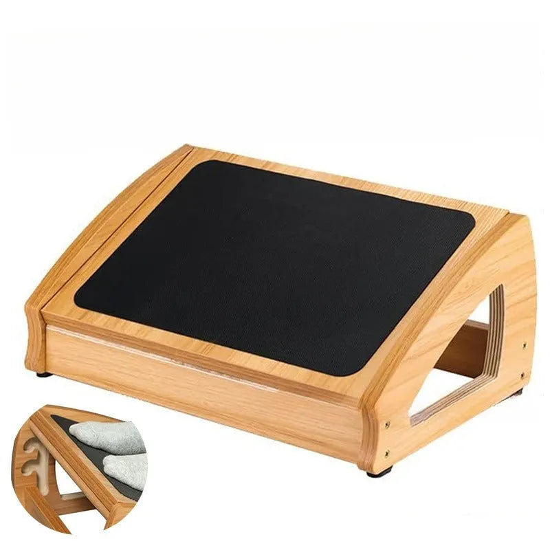 Adjustable bamboo wooden footstool in natural wood colour for office desk use