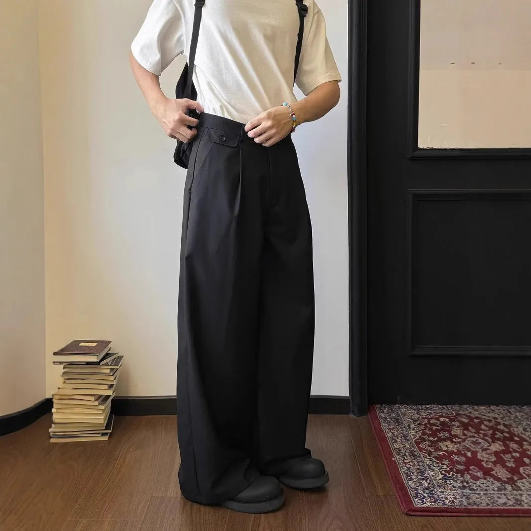 Men's straight loose wide-leg casual trousers in black and brown poly-blend fabric