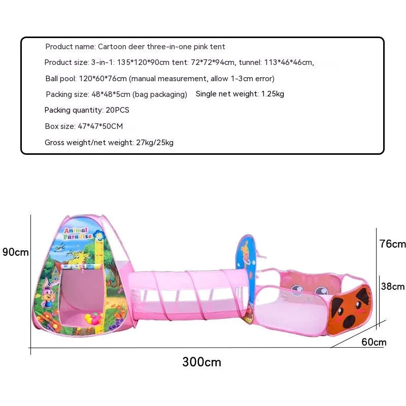 Marine cartoon themed three-in-one children's play tent set with ball pool and tunnel