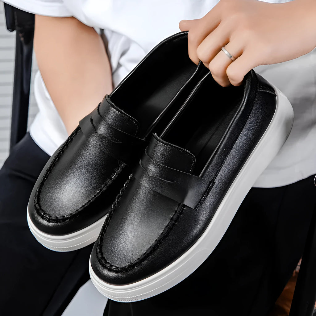 Casual slip-on shoes in white, black and white, and khaki colours with round toe design
