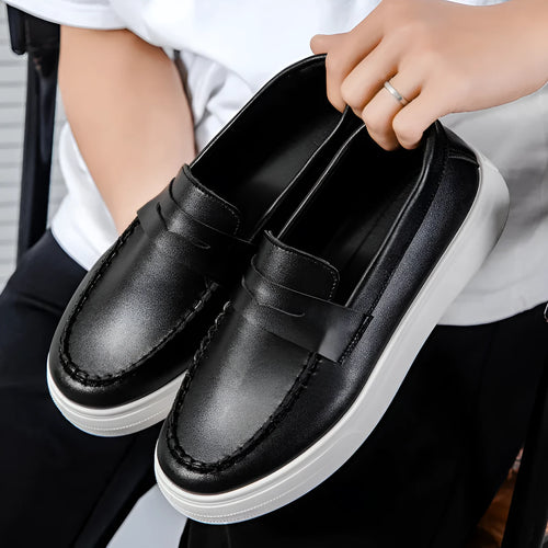 Casual slip-on shoes in white, black and white, and khaki colours with round toe design