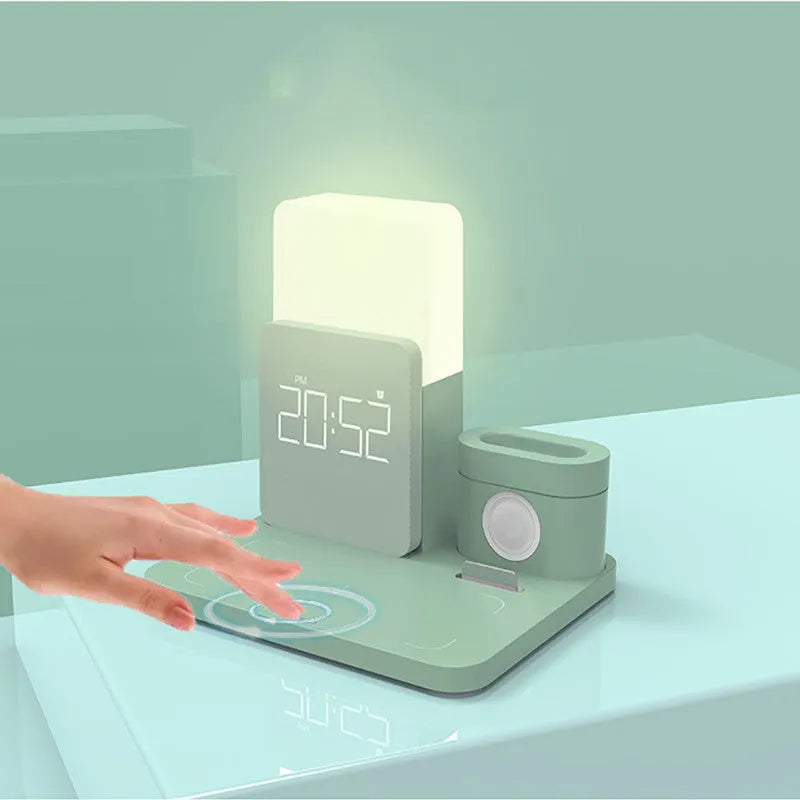 Dark green foldable 3-in-1 wireless charging stand with phone, watch, and earbuds charging simultaneously