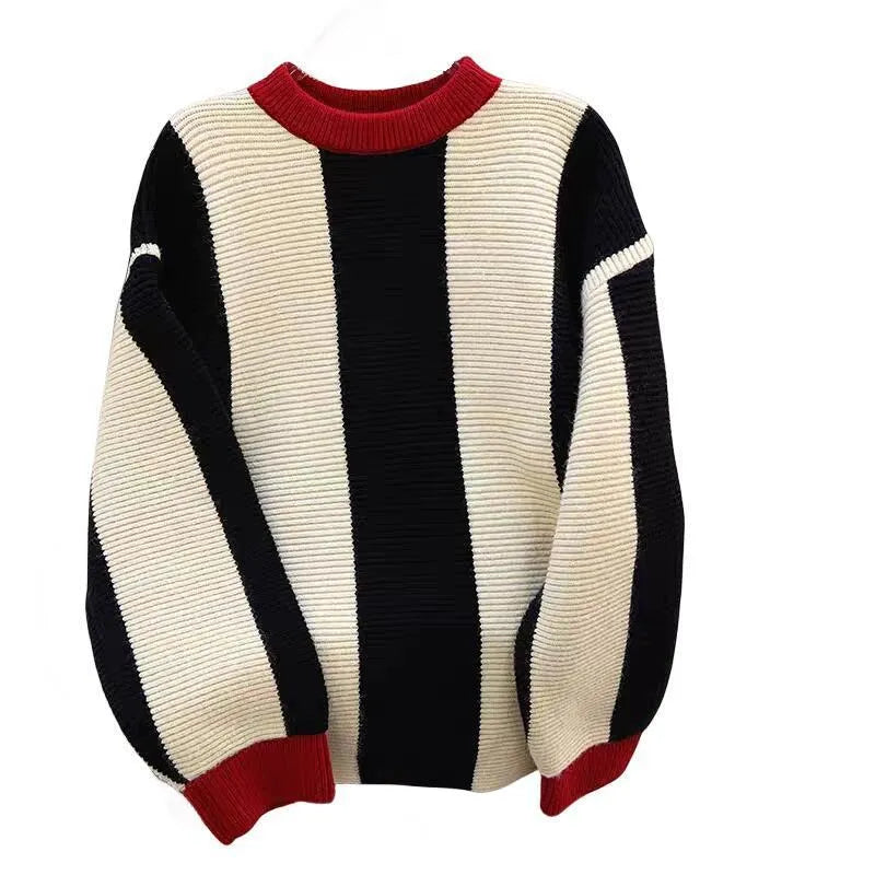 Women's cashmere striped pullover sweater with contrast colours and round neck