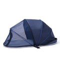 Foldable black and blue half mesh cat travel tent in collapsed and set-up positions
