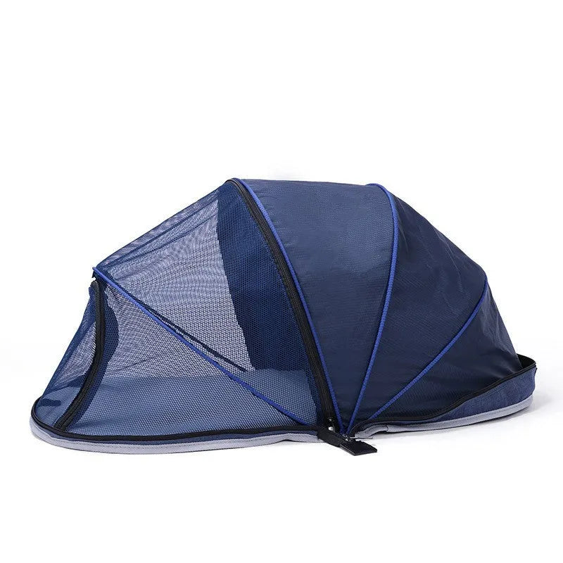 Foldable black and blue half mesh cat travel tent in collapsed and set-up positions