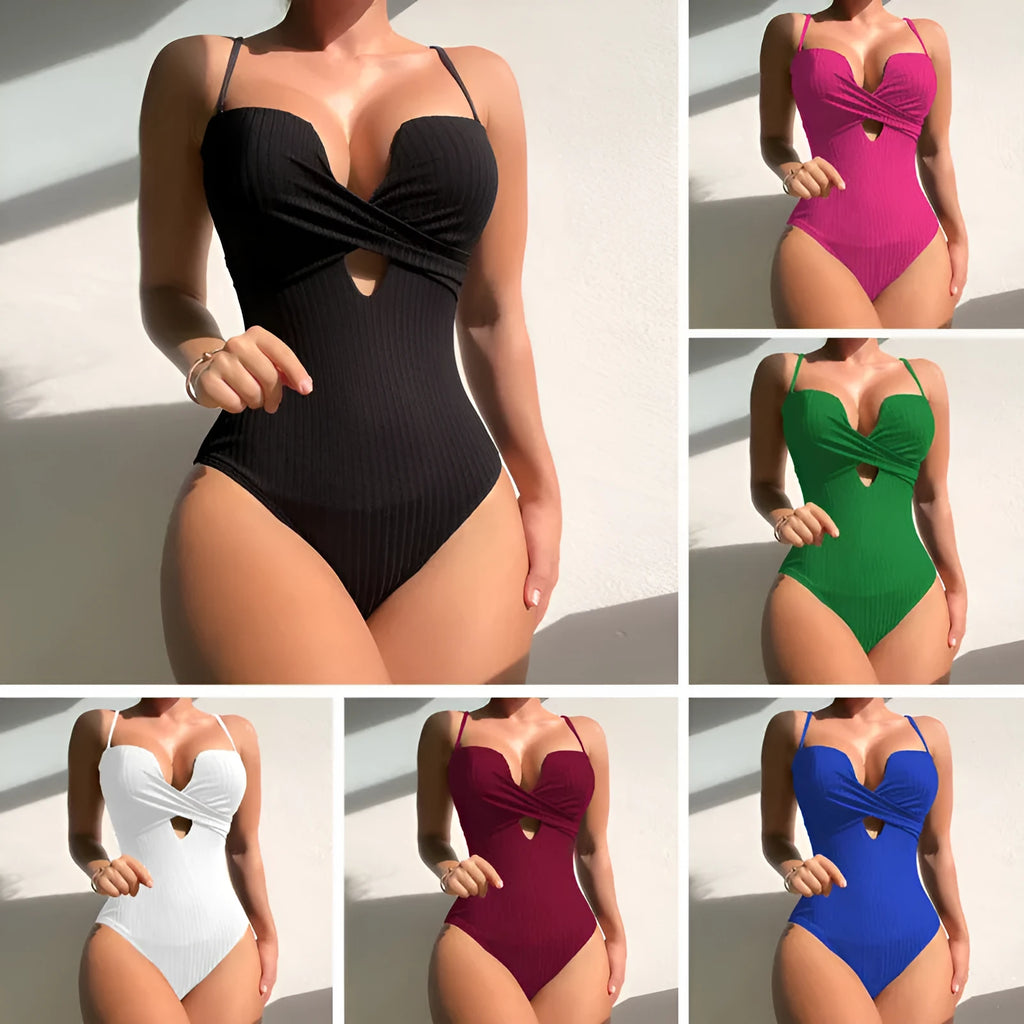 Women's solid colour one-piece swimsuit in polyester showing slimming silhouette