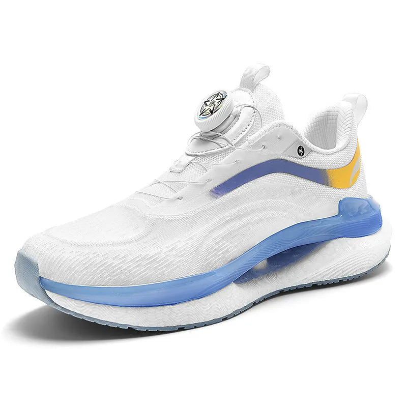 Men's high-top popcorn running shoes in mesh with buckle closure and composite sole.