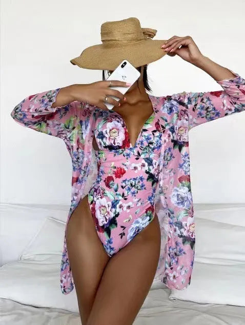 Women's floral patterned tight bikini three-piece suit with coat in seven colour options