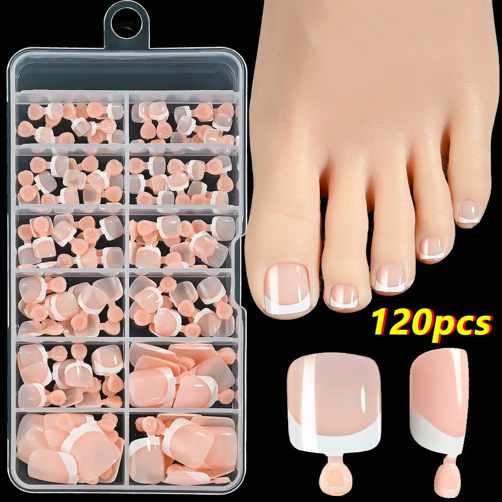 120 piece box of French white edge toenail pieces in nine nude colours with full square short shape