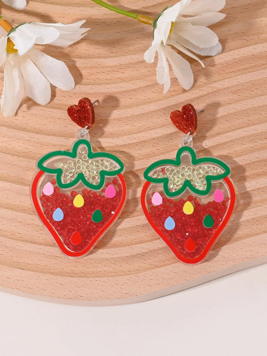 Women's acrylic earrings with cherry, strawberry, watermelon, pineapple, coconut tree, cake and ice cream charms.