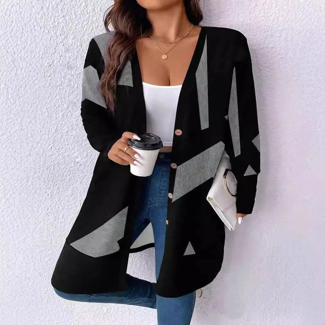 Black loose casual plus size cardigan coat with button stitching detail on polyester fabric