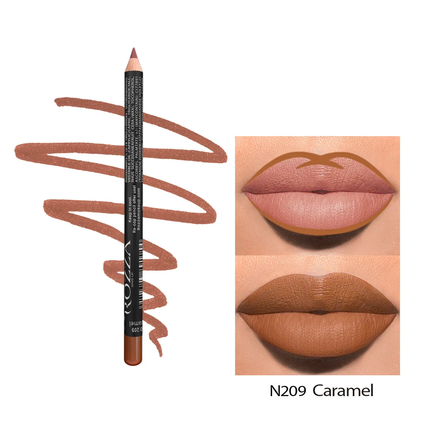 24-hour matte finish lip liner pencil in a range of wood tone shades on a white background.