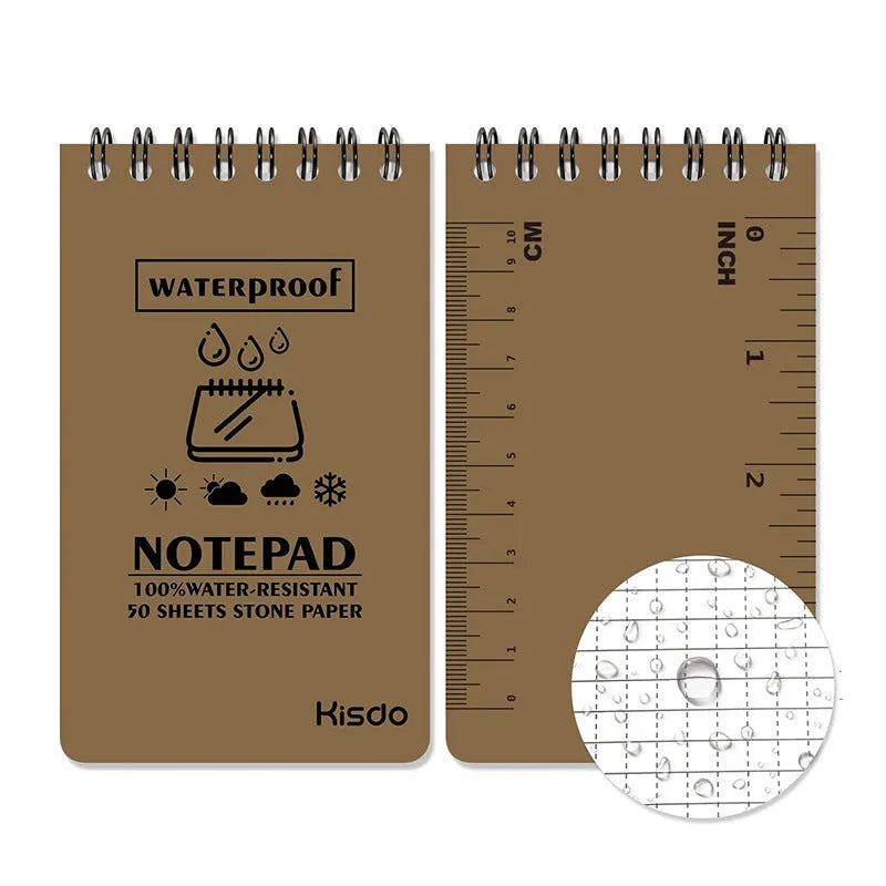 Spiral-bound waterproof notepad with polypropylene cover, open to show stone paper pages, in camouflage colour option.