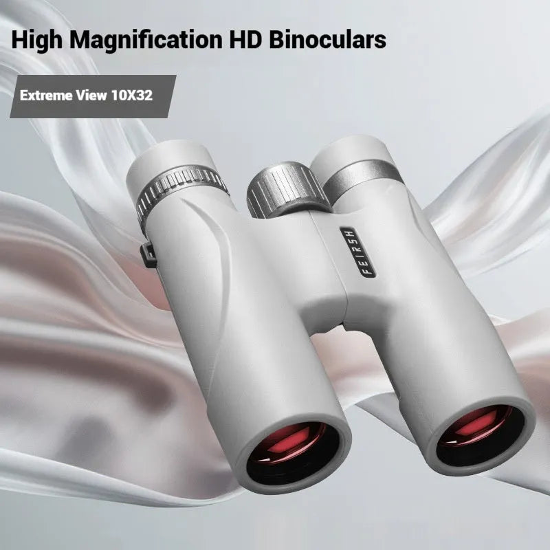 Wine red and grey 10x32 compact plastic binoculars showing eyepieces and objective lenses