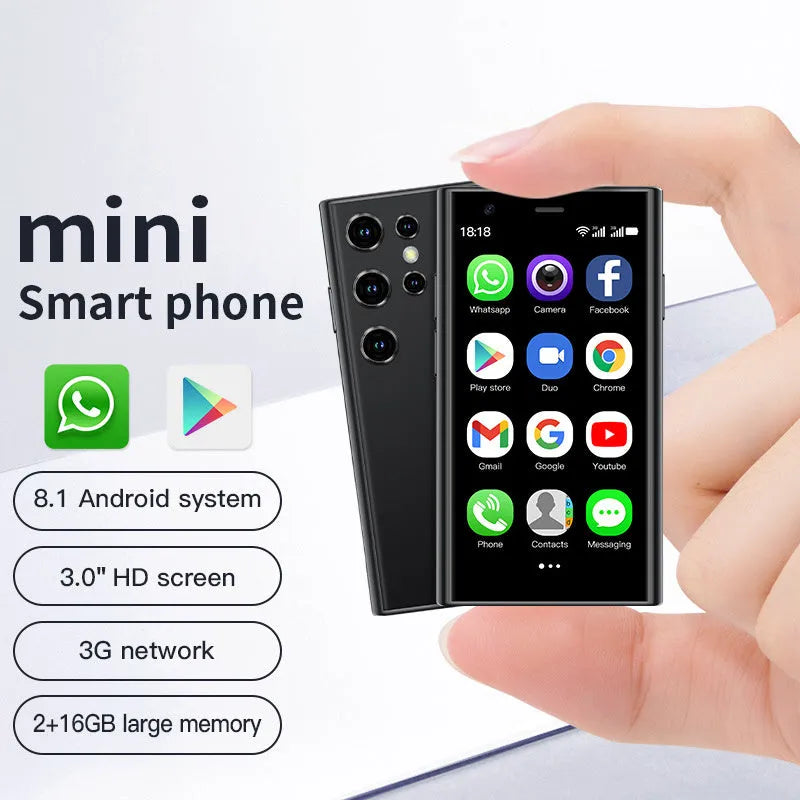 Mini smartphone with 30 screen in black, green or pink purple colours showing straight plate design
