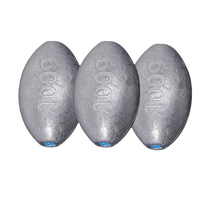 Plastic core olive fishing sinker with rugby shape and scale markings for sea fishing