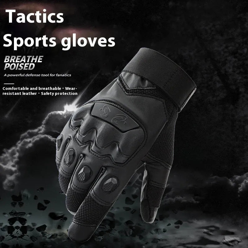 Men's black full finger tactical gloves with touch screen compatible fingertips on a hand.