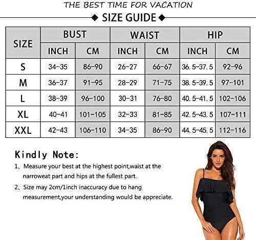 Black women's strapless one-piece swimsuit with a cut-out detail and ruffled strap.