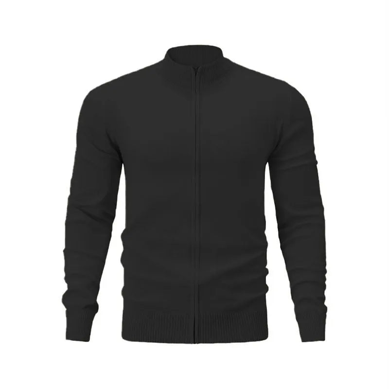 Man wearing a zip-front cotton cardigan in a solid colour, showcasing the stand collar and loose fit.