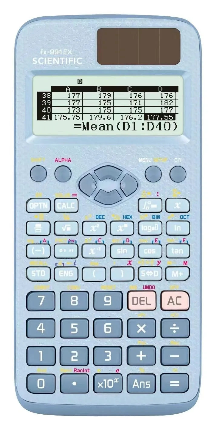 Casio 991EX solar-powered scientific calculator in black, blue, or pink for statistics and engineering