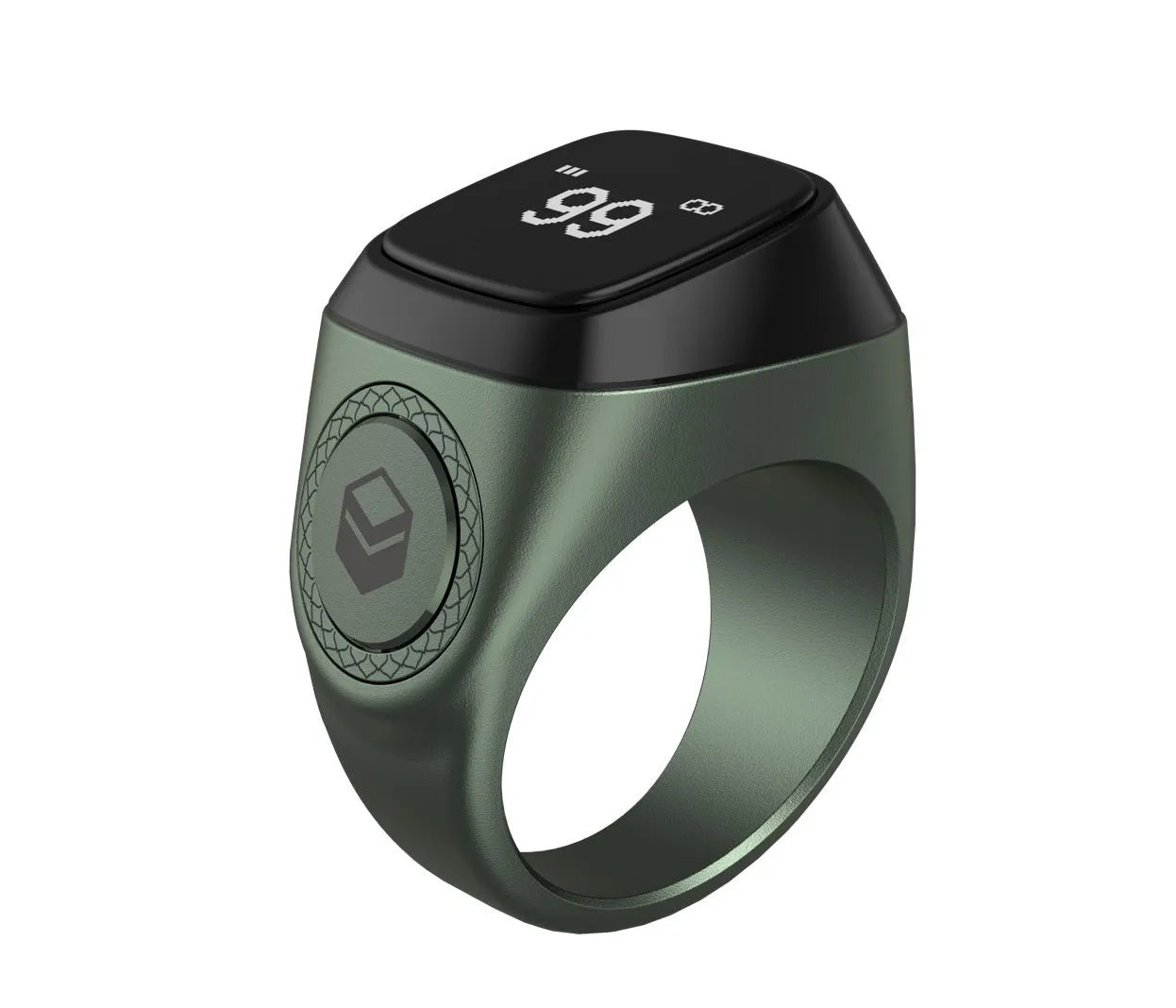 Zikr1 Lite Tasbih smart ring in silver on a charging case with USB cable.