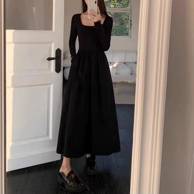 Square collar knitted A-line dress with elastic waist in black or grey colour options