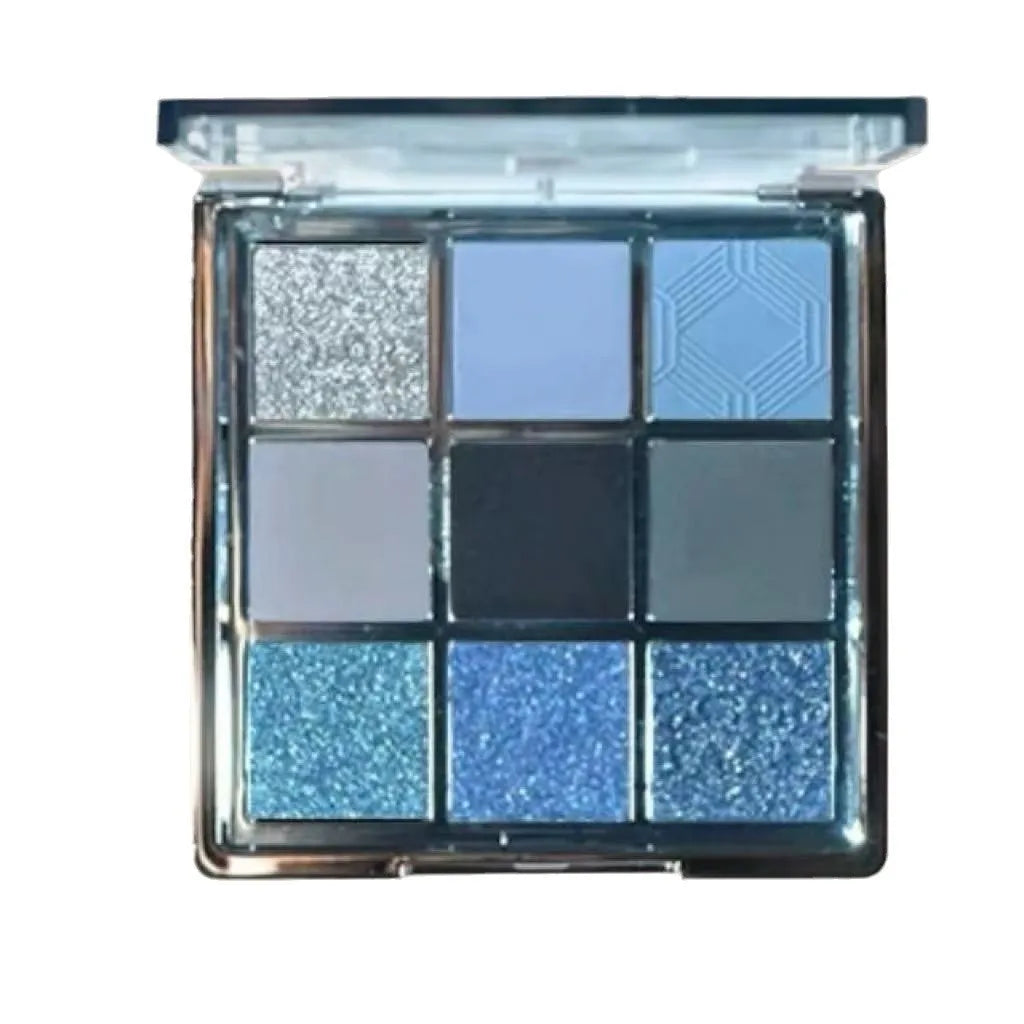 MUGELEEN nine-colour eye shadow palette showing blue smoked and earth tone shades