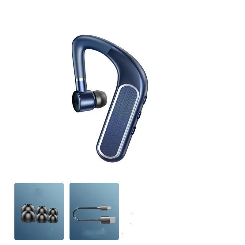 Black Bluetooth wireless earphones with hanging ear design and three sets of silicone ear caps