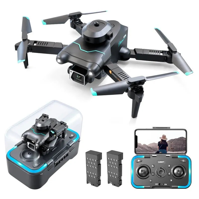 Four-axis aerial photography drone with obstacle avoidance sensors and camera, measuring under 30cm