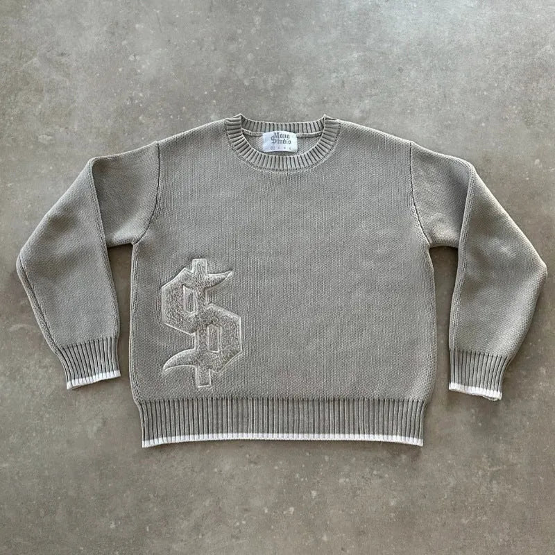Grey loose-fitting jacquard knitwear coat with long sleeves and pullover style