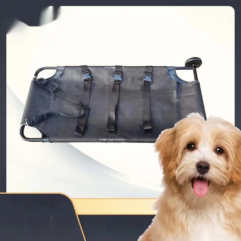 Large black aluminium alloy foldable pet stretcher for emergency dog transfer and rescue.