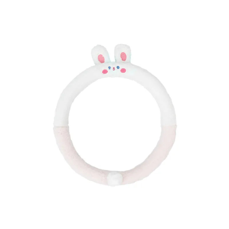 Plush rabbit fur steering wheel cover with animal embroidery for 38cm diameter winter use