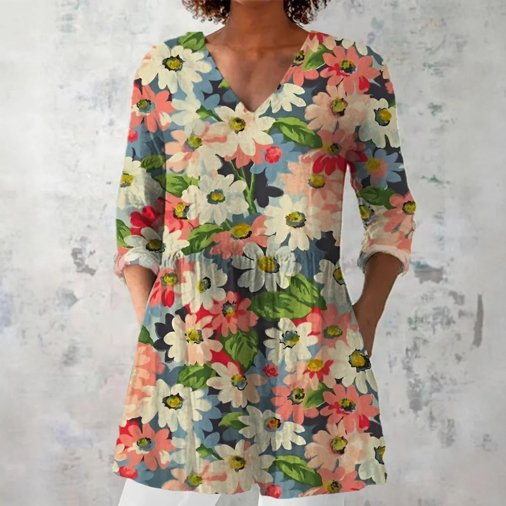 Women's retro slim-fit printed long-sleeved top in a digital print pattern, available in multiple colours.
