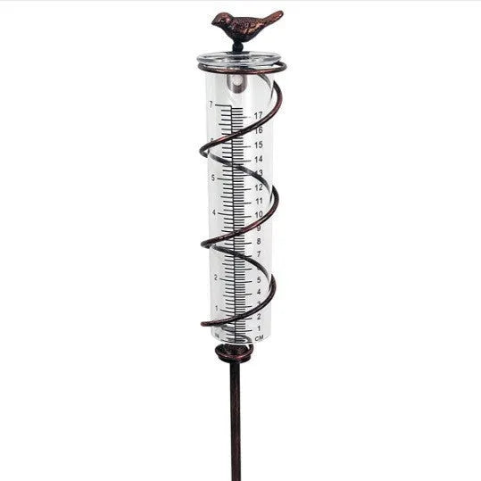 Traditional cast iron bird-shaped hyetometer with glass measurement cylinder showing 800ml capacity