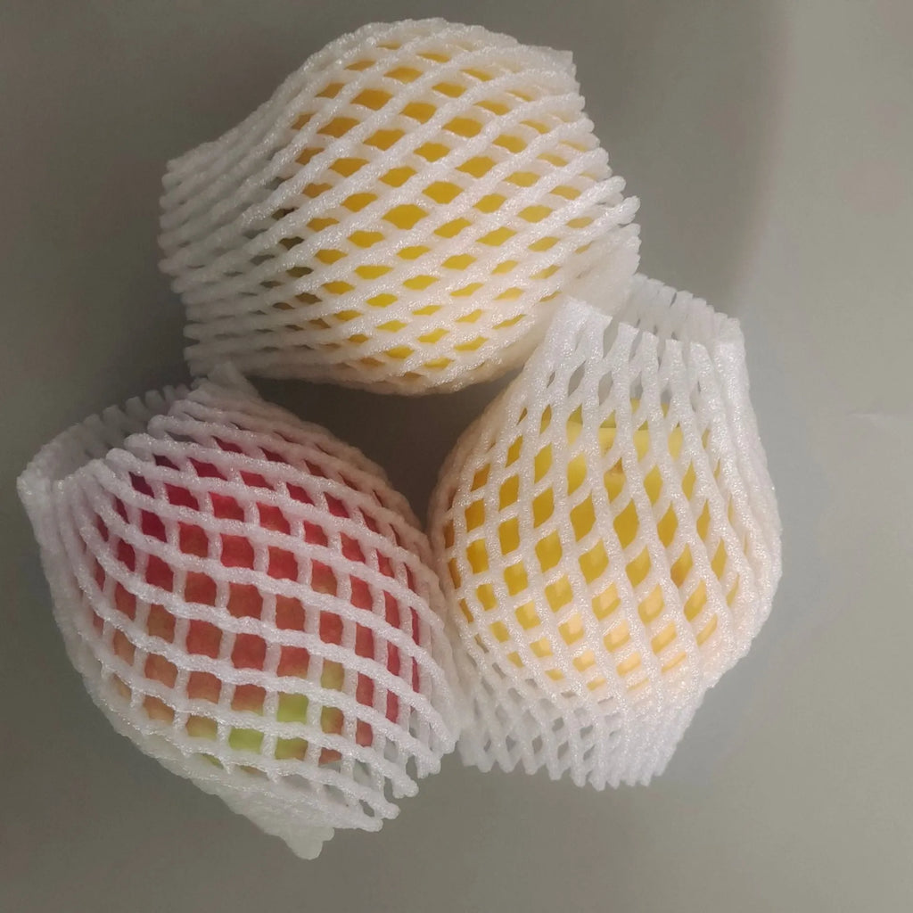 White foam net protective cover shown in various sizes for cushioning fruit and fragile items.