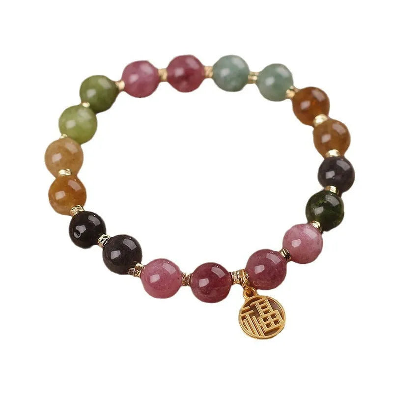 Natural colour tourmaline bracelet with electroplating in flower or fu character geometric design