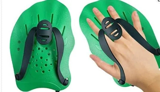 A pair of freestyle swim training paddles with hand webbing in multiple colour options on a blue background.