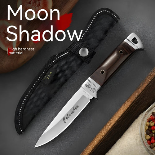 Stainless steel national style fruit knife shown with its brown leather protective case.