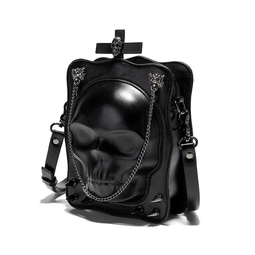 Black gothic skull mini crossbody bag with stitching and chain details