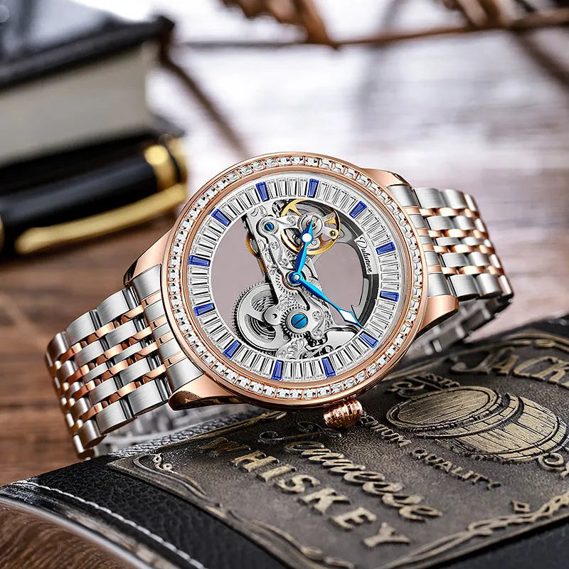 Men's rose gold stainless steel mechanical watch with transparent case back on wrist