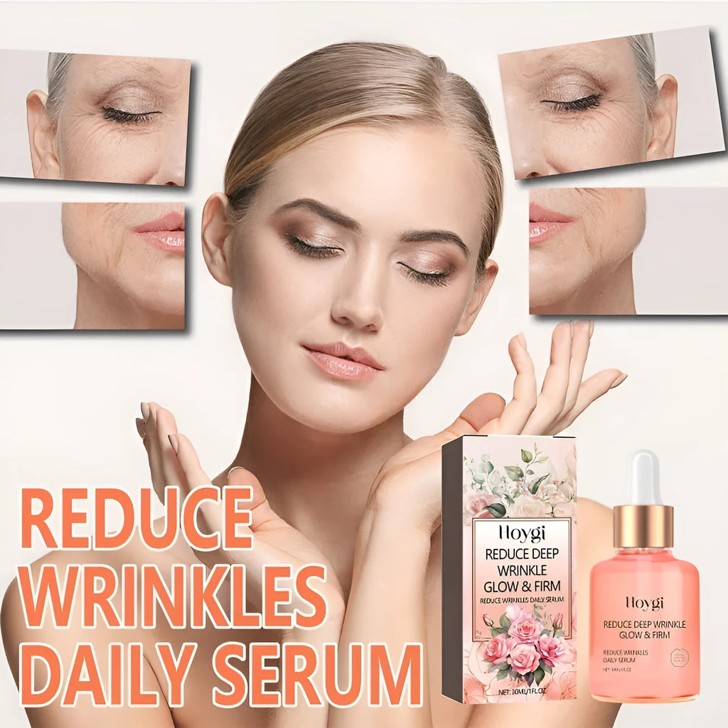 30ml bottle of rose essential oil serum for fine wrinkles, brightening and firming skin.