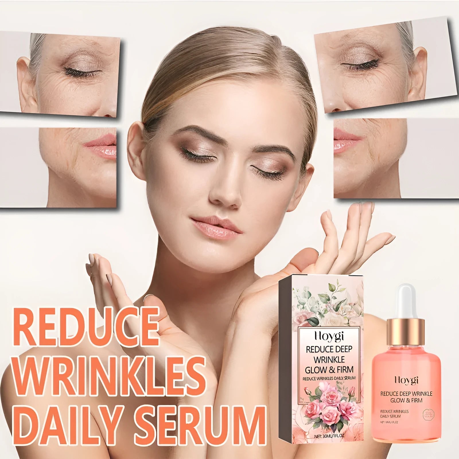 30ml bottle of rose essential oil serum for fine wrinkles, brightening and firming skin.