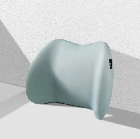 Memory cotton car cushion shown as headrest, back support, and waist cushion in black, green, grey, and pink colours