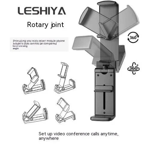 Black foldable rotating phone holder holding a mobile phone upright on a desk.