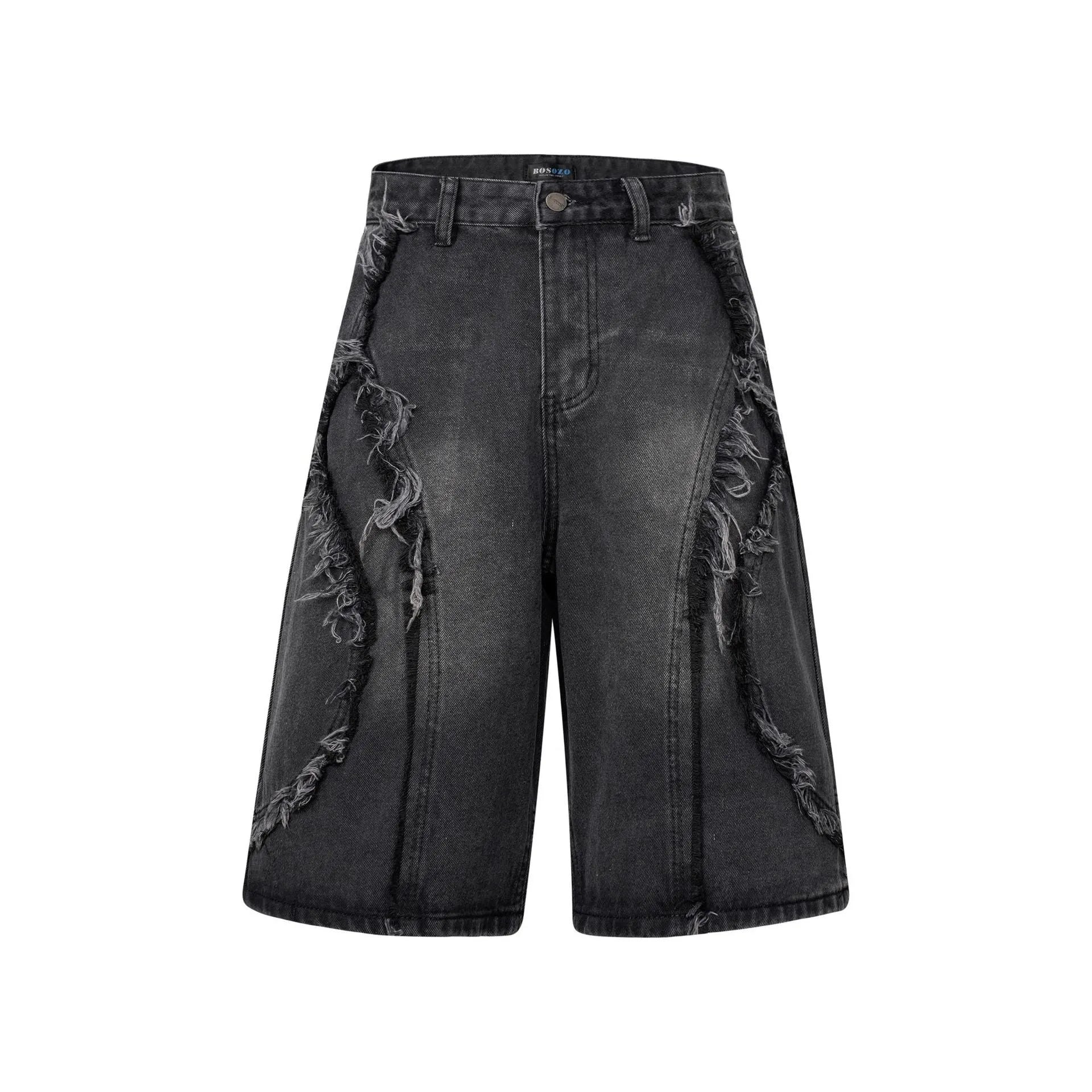 Men's distressed denim shorts with raw edge detailing in straight leg cropped silhouette