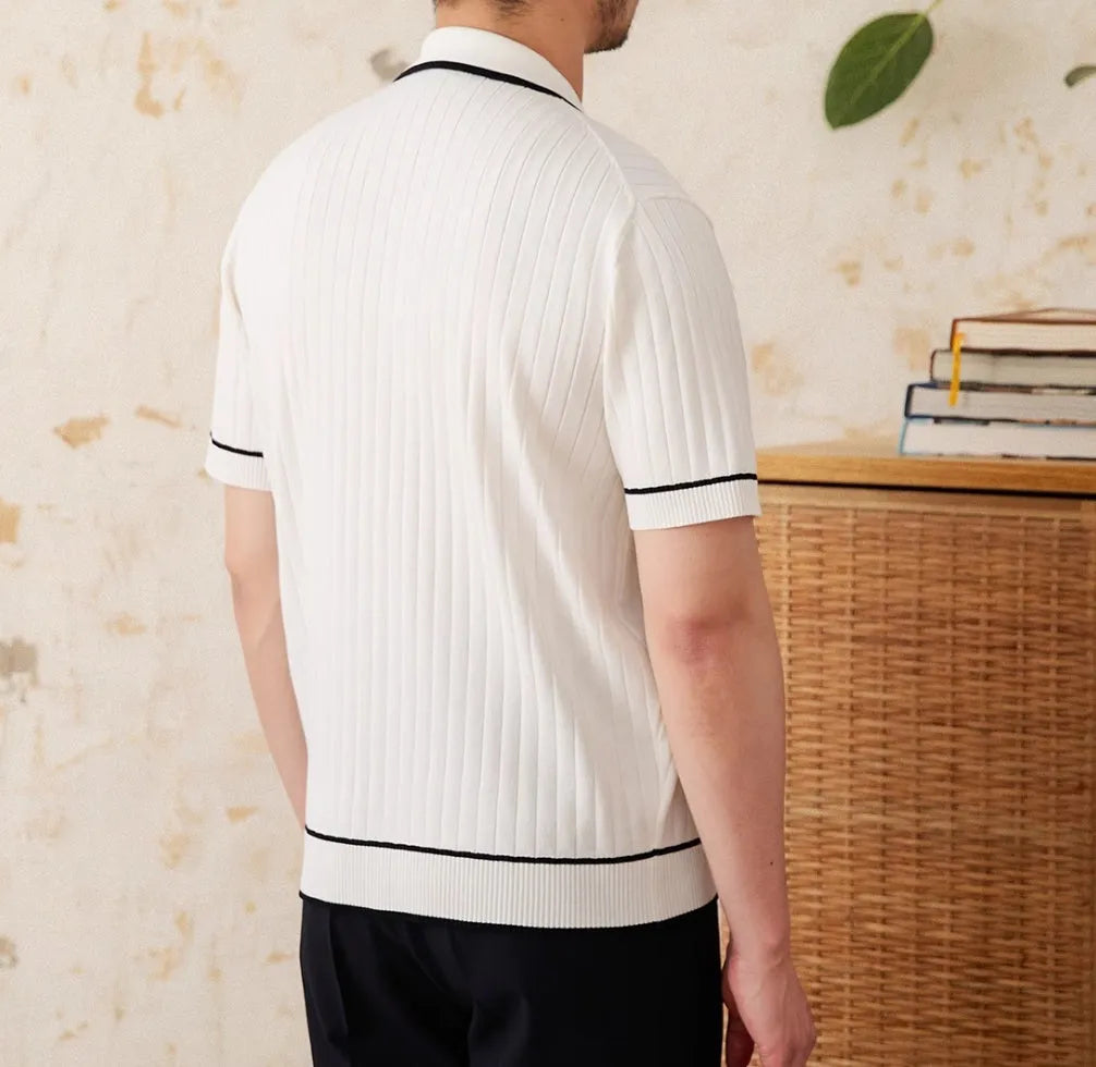 Slim elastic lapel collar short-sleeved polo shirt in black and white colours